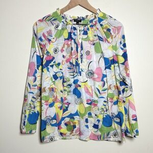 Talbots Petite Womens Blouse L Petite Blue Yellow Floral Cotton Sheer Office